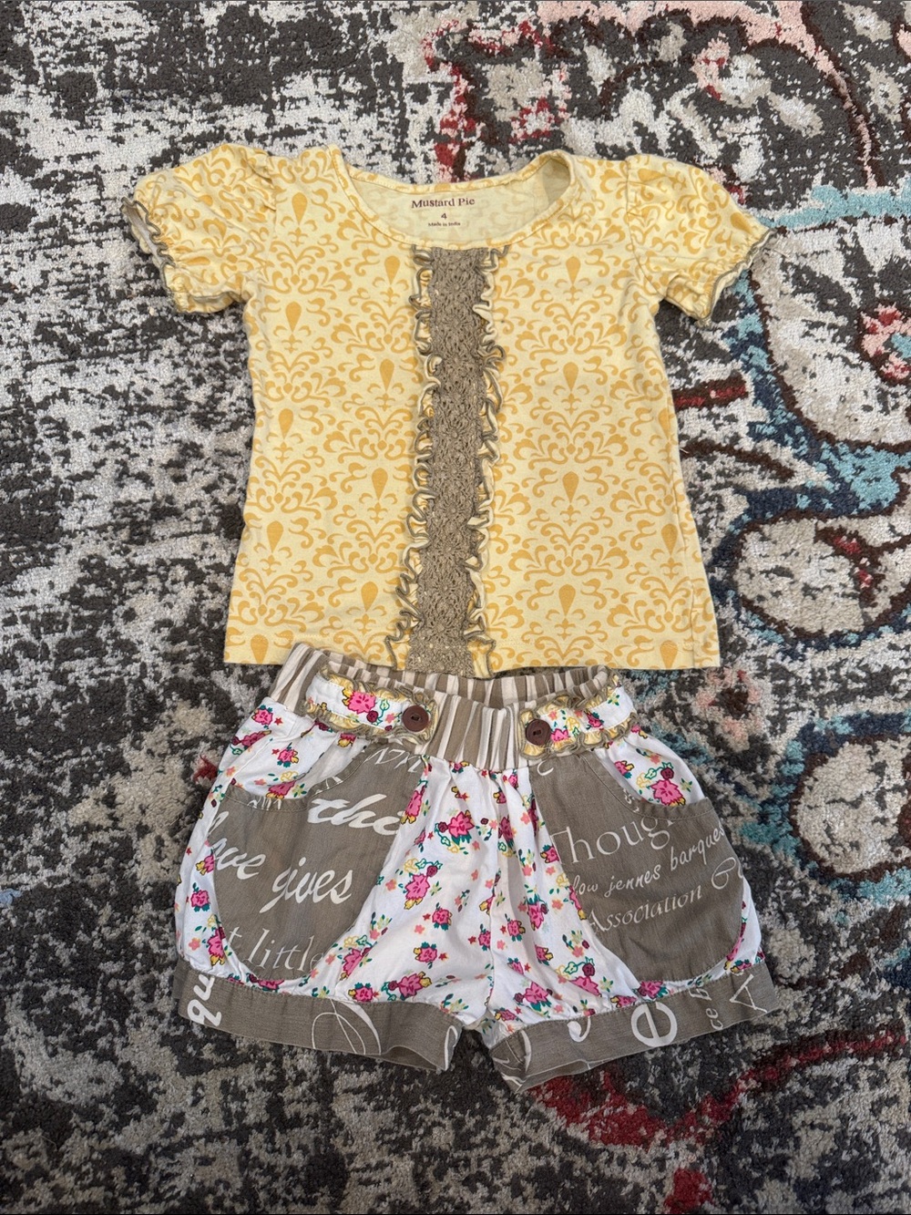 Mustard Pie Yellow Ruffle-Trim Top with Floral and Taupe Mix Shorts